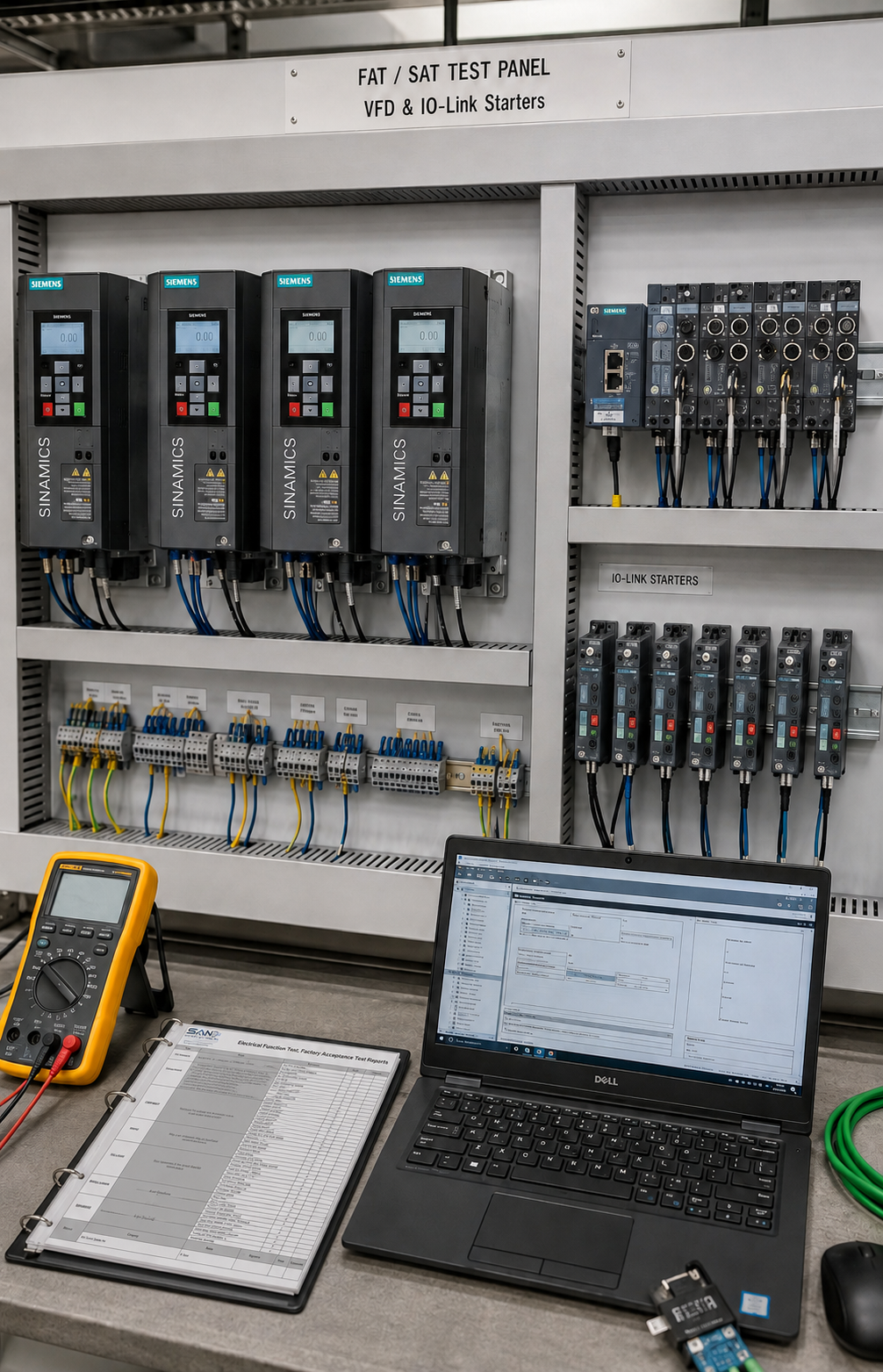 SAN electrical function and factory acceptance testing setup with automation equipment
